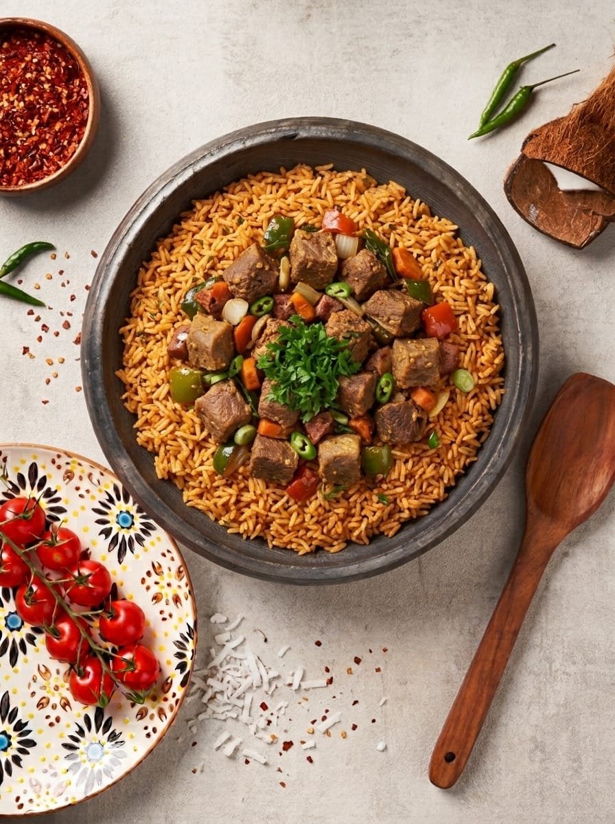 Chunky Beef with Ghanaian Jollof Rice