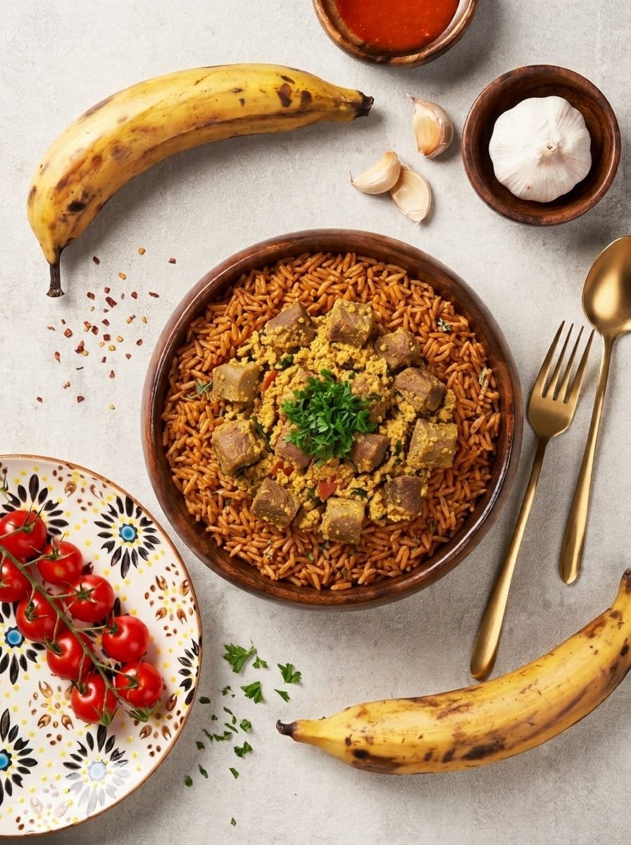 Diced Goat in Egusi Curry with Smokey Nigerian Jollof Rice