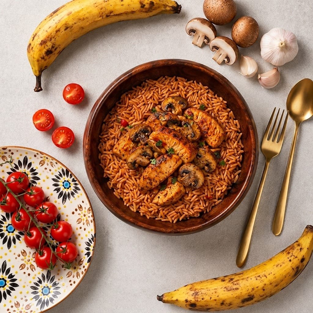 Diced Turkey with Mushroom & Smokey Nigerian Jollof Rice