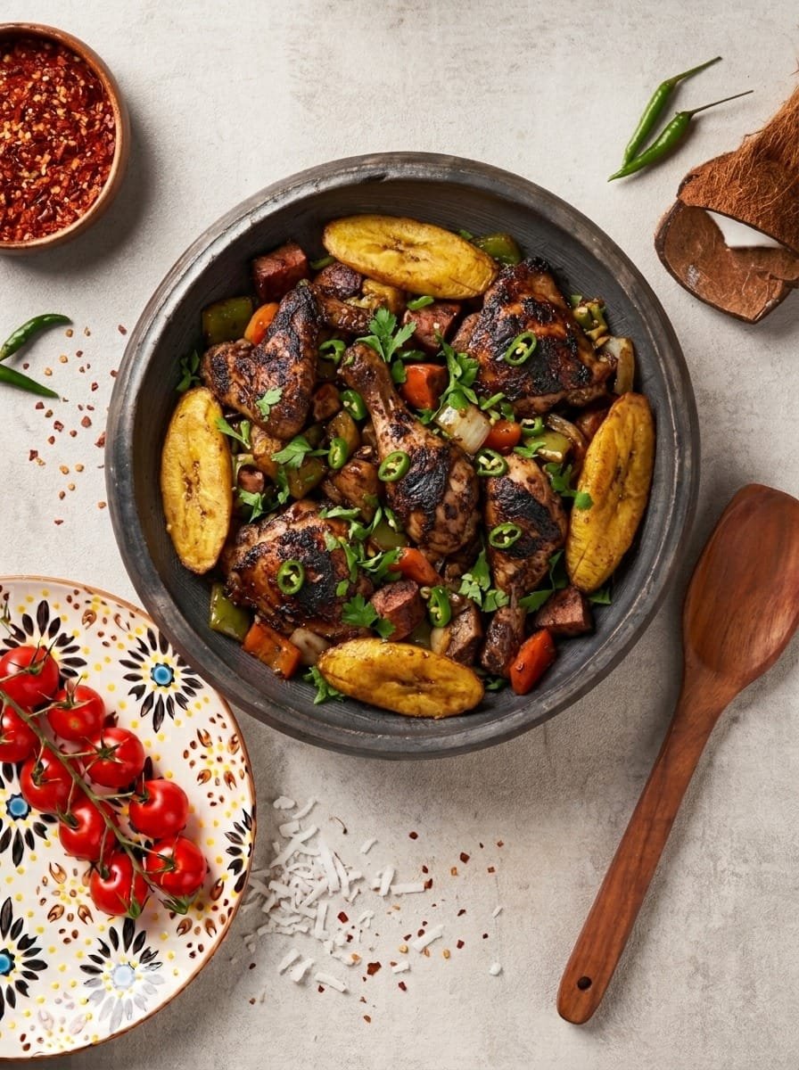 Mixed Jerk Chicken with Plantain Garnish