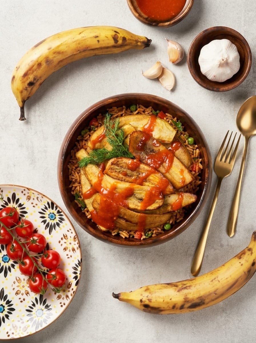 Plantain & Green Peas with Smokey Nigerian Jollof Rice